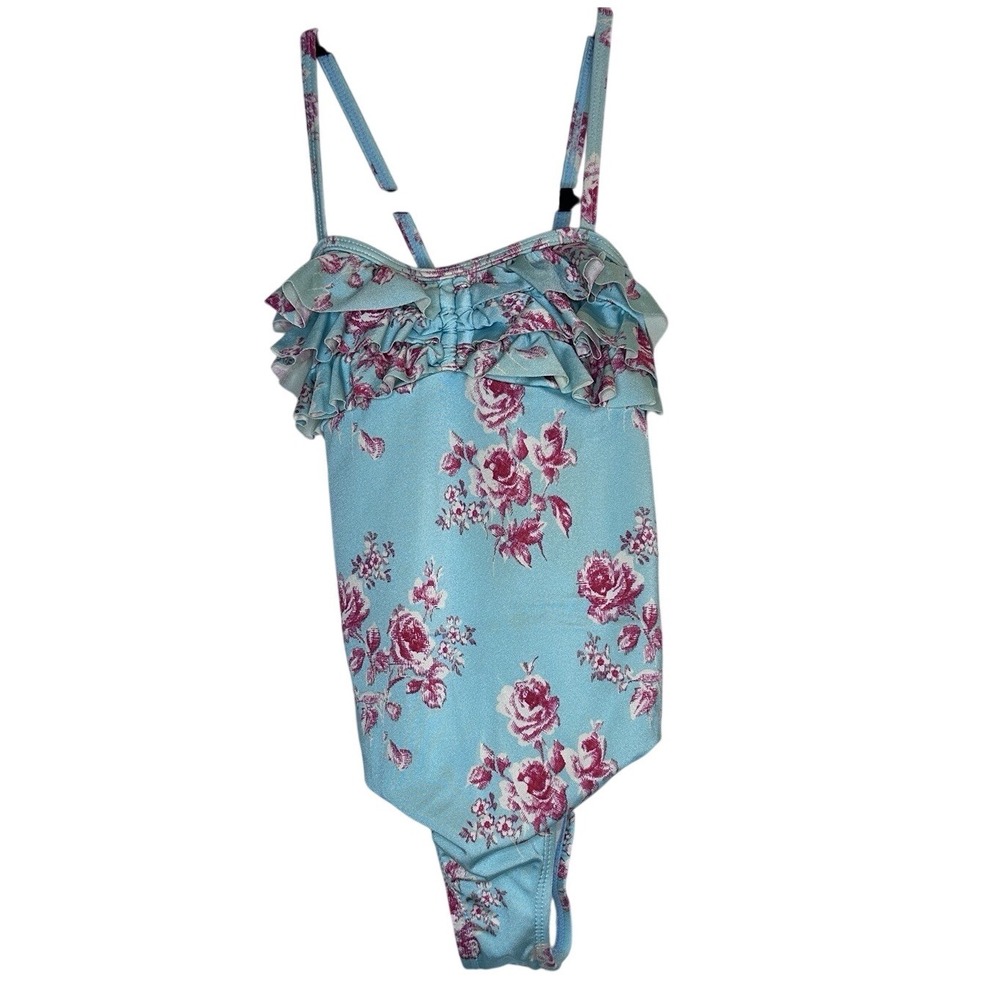 Janie and Jack‎ Pink Floral Blue Ruffle Swimsuit One Piece Girl's Size 6